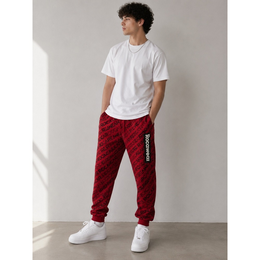 Rocawear Mens Fleece Jogger Pants Large Red Black All Over Logo Print NEW